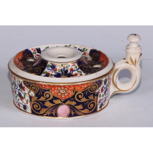 681 - A Derby inkwell, decorated in the Imari palette and picked out in gilt, 12cm diam, red mark, c.1825;... 