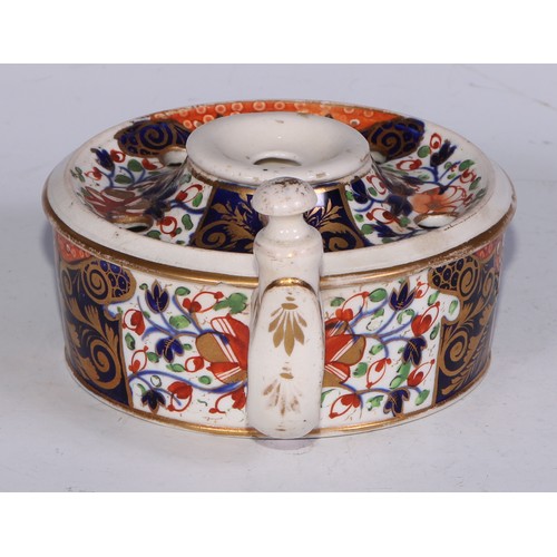 681 - A Derby inkwell, decorated in the Imari palette and picked out in gilt, 12cm diam, red mark, c.1825;... 