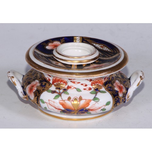 681 - A Derby inkwell, decorated in the Imari palette and picked out in gilt, 12cm diam, red mark, c.1825;... 