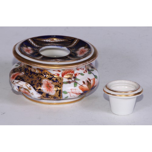 681 - A Derby inkwell, decorated in the Imari palette and picked out in gilt, 12cm diam, red mark, c.1825;... 