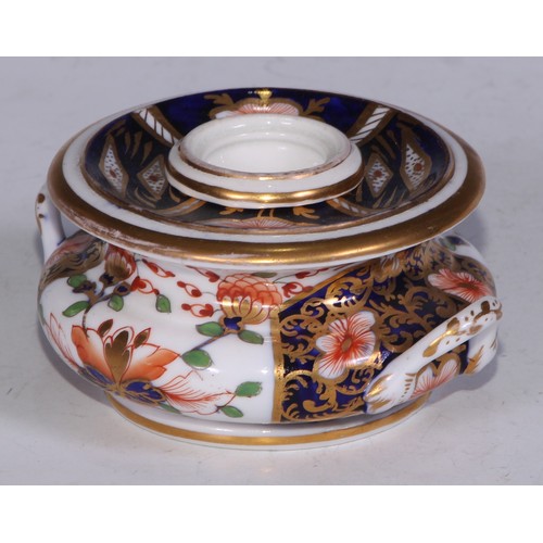 681 - A Derby inkwell, decorated in the Imari palette and picked out in gilt, 12cm diam, red mark, c.1825;... 