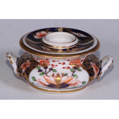 681 - A Derby inkwell, decorated in the Imari palette and picked out in gilt, 12cm diam, red mark, c.1825;... 