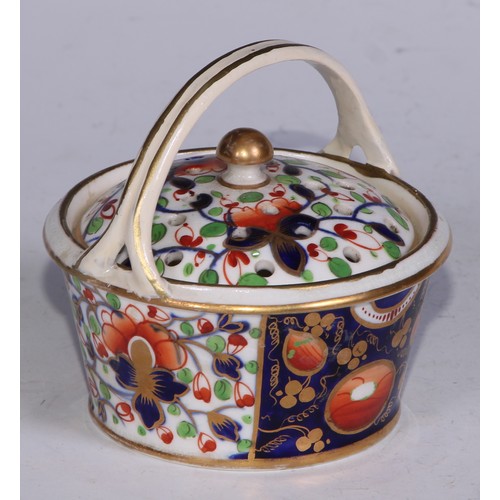 681 - A Derby inkwell, decorated in the Imari palette and picked out in gilt, 12cm diam, red mark, c.1825;... 