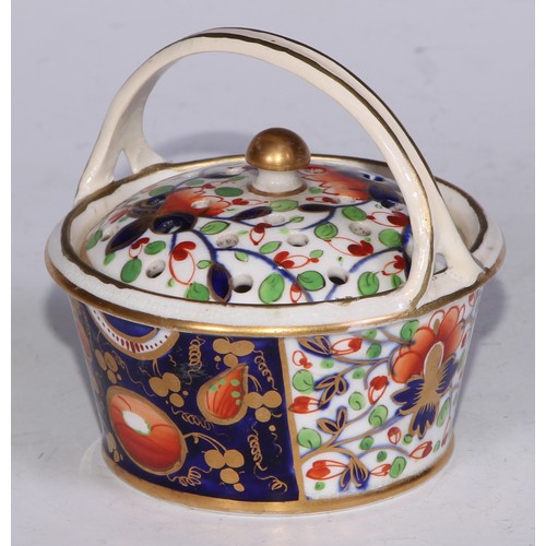 681 - A Derby inkwell, decorated in the Imari palette and picked out in gilt, 12cm diam, red mark, c.1825;... 