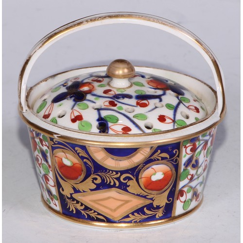 681 - A Derby inkwell, decorated in the Imari palette and picked out in gilt, 12cm diam, red mark, c.1825;... 