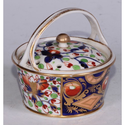 681 - A Derby inkwell, decorated in the Imari palette and picked out in gilt, 12cm diam, red mark, c.1825;... 