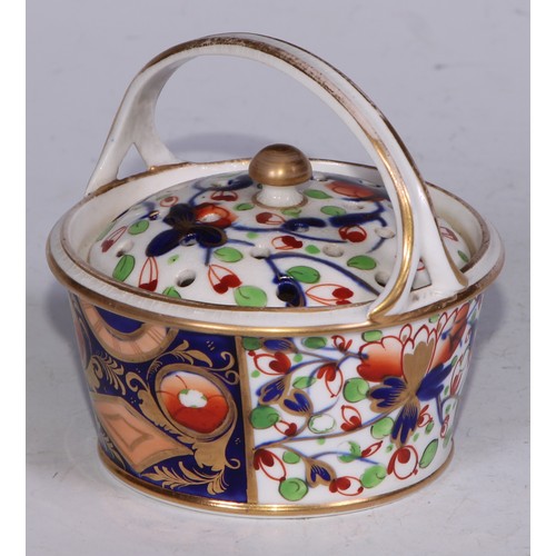 681 - A Derby inkwell, decorated in the Imari palette and picked out in gilt, 12cm diam, red mark, c.1825;... 