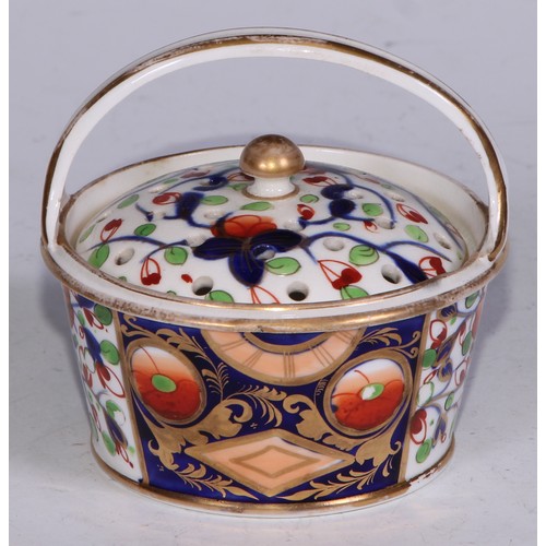 681 - A Derby inkwell, decorated in the Imari palette and picked out in gilt, 12cm diam, red mark, c.1825;... 