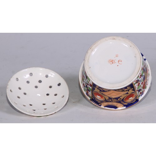 681 - A Derby inkwell, decorated in the Imari palette and picked out in gilt, 12cm diam, red mark, c.1825;... 