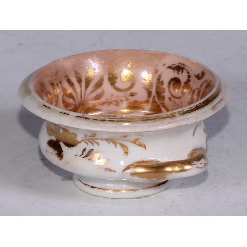 681 - A Derby inkwell, decorated in the Imari palette and picked out in gilt, 12cm diam, red mark, c.1825;... 