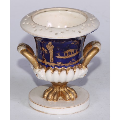 681 - A Derby inkwell, decorated in the Imari palette and picked out in gilt, 12cm diam, red mark, c.1825;... 