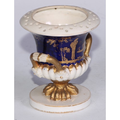 681 - A Derby inkwell, decorated in the Imari palette and picked out in gilt, 12cm diam, red mark, c.1825;... 