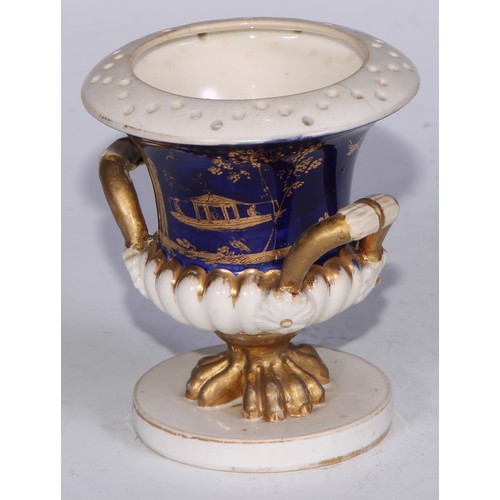 681 - A Derby inkwell, decorated in the Imari palette and picked out in gilt, 12cm diam, red mark, c.1825;... 