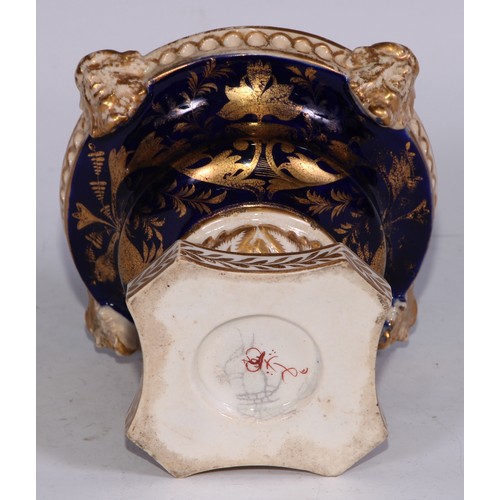 681 - A Derby inkwell, decorated in the Imari palette and picked out in gilt, 12cm diam, red mark, c.1825;... 