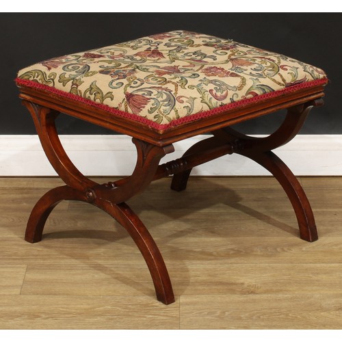 481 - A Victorian mahogany X-frame stool, stuffed-over seat, 47cm high, 57cm wide, 52cm deep