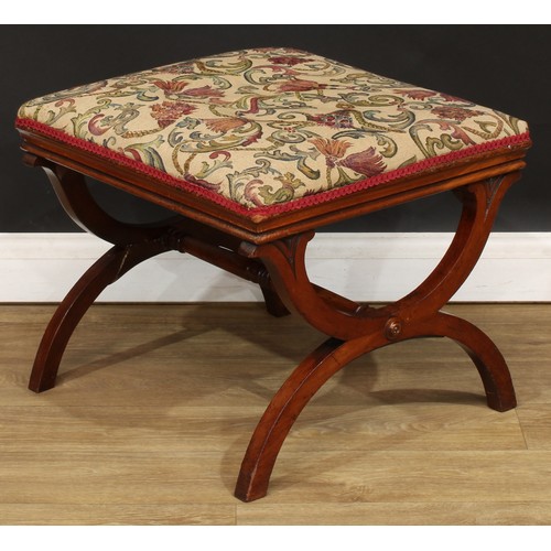 481 - A Victorian mahogany X-frame stool, stuffed-over seat, 47cm high, 57cm wide, 52cm deep