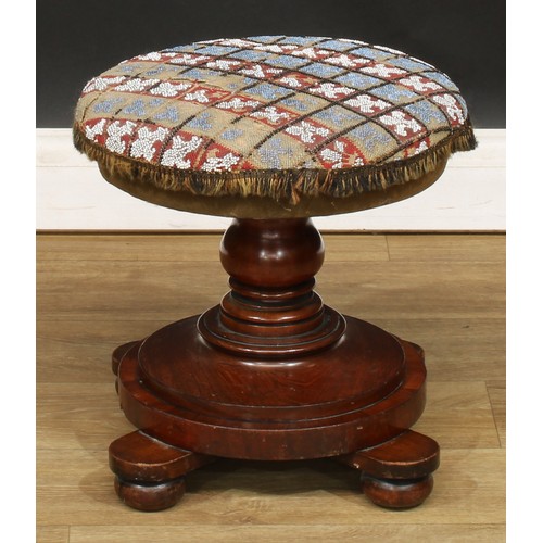 479 - A Victorian mahogany circular stool, 38cm high, 37cm diameter; another, 48cm high, 32.5cm diameter; ... 