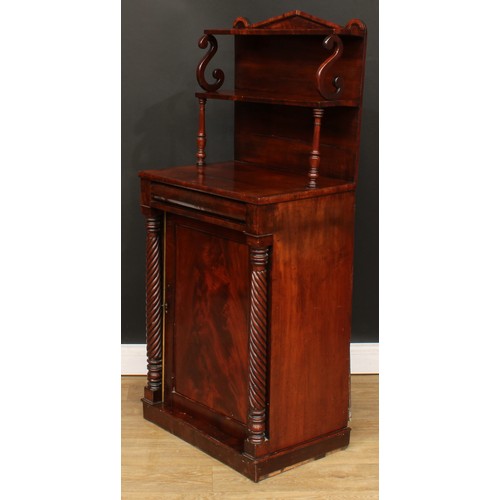 428 - A George IV mahogany chiffonier, of narrow proportions, the superstructure with a waterfall arrangem... 