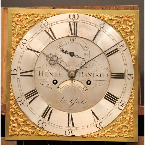 363 - A George III oak longcase clock, 31cm square brass dial inscribed Henry Banister, Litchfield (sic), ... 