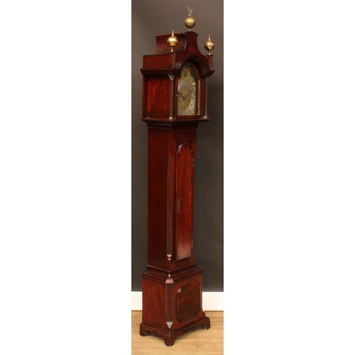 366 - A George III style mahogany dwarf longcase clock, 20cm arched brass dial with silvered chapter ring ... 