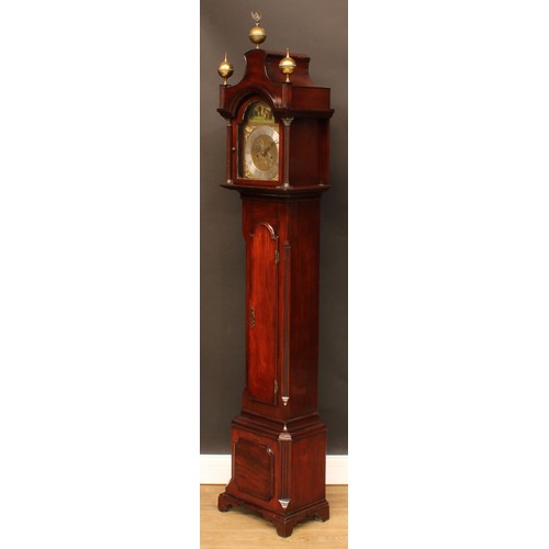 366 - A George III style mahogany dwarf longcase clock, 20cm arched brass dial with silvered chapter ring ... 