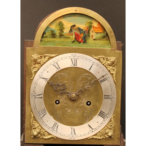 366 - A George III style mahogany dwarf longcase clock, 20cm arched brass dial with silvered chapter ring ... 