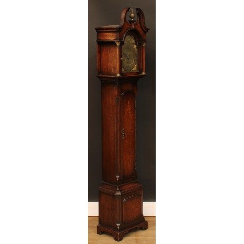 367 - A George III style oak dwarf longcase clock, 20cm arched brass dial with Roman and subsidiary Arabic... 