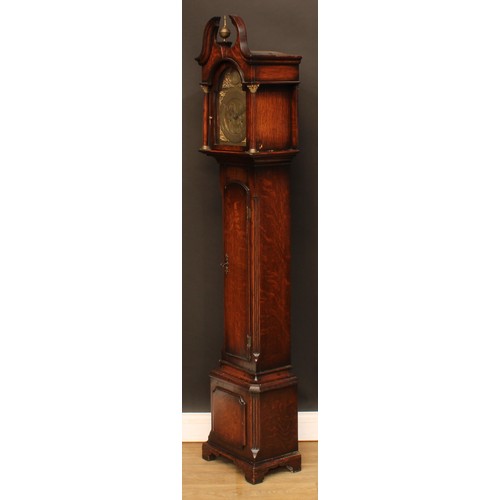 367 - A George III style oak dwarf longcase clock, 20cm arched brass dial with Roman and subsidiary Arabic... 