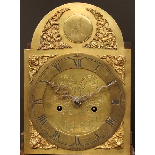 367 - A George III style oak dwarf longcase clock, 20cm arched brass dial with Roman and subsidiary Arabic... 