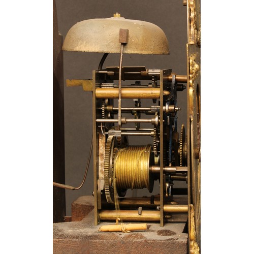 367 - A George III style oak dwarf longcase clock, 20cm arched brass dial with Roman and subsidiary Arabic... 