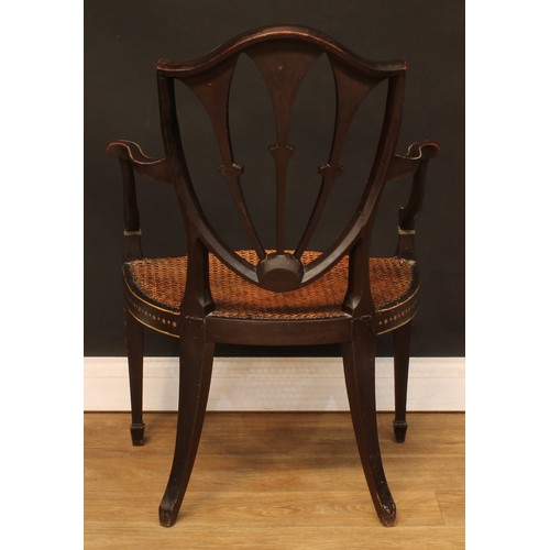 430 - A Hepplewhite Revival painted and ebonised open armchair, cane seat, tapered square forelegs, spade ... 