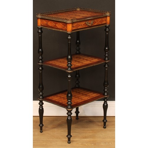 431 - A late 19th century gilt metal mounted mahogany, ebonised and parquetry three-tier étagère, 84cm hig... 