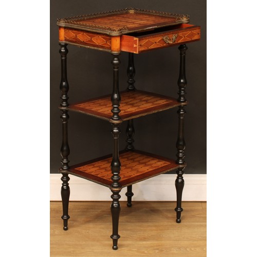 431 - A late 19th century gilt metal mounted mahogany, ebonised and parquetry three-tier étagère, 84cm hig... 