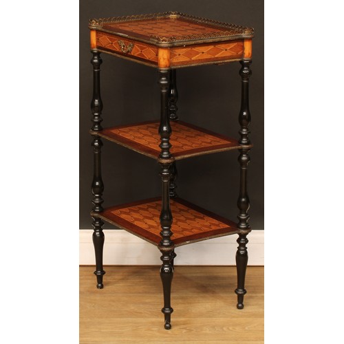 431 - A late 19th century gilt metal mounted mahogany, ebonised and parquetry three-tier étagère, 84cm hig... 