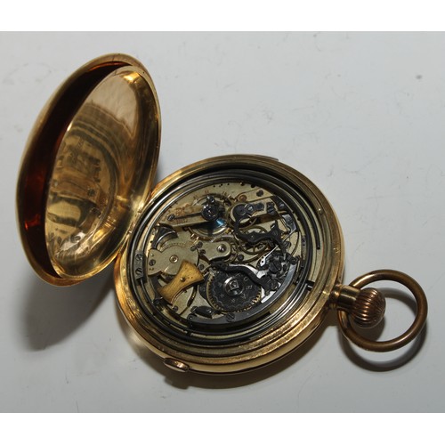 29 - An 18ct gold full hunter minute repeater chronograph calendar pocket watch, 5cm enamel dial with Rom... 