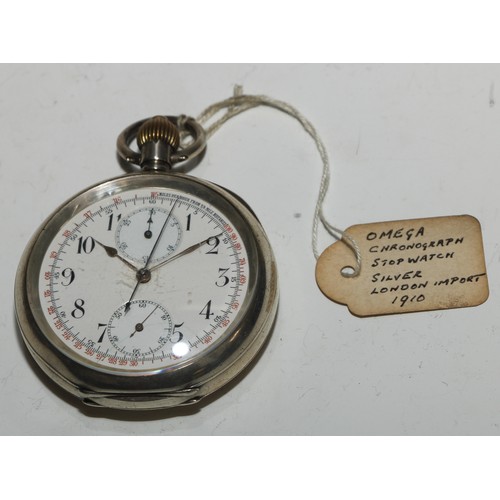 60 - An Omega silver chronograph stopwatch pocket watch, 4.5cm diam with two subsidiaries, Arabic numeral... 