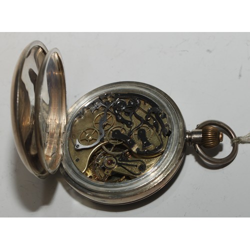 60 - An Omega silver chronograph stopwatch pocket watch, 4.5cm diam with two subsidiaries, Arabic numeral... 