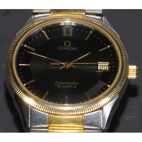 83 - An Omega Seamaster gold and stainless steel quartz gentleman's wristwatch, 3cm black dial with baton... 