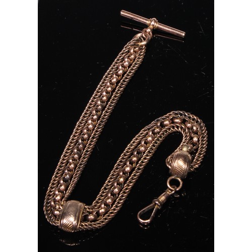 132 - A 19th century three strand fancy link albert, with t-bar and clip, 27cm long, stamped 9ct, 26.8g