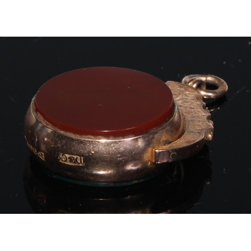 220 - A Victorian 9ct gold bloodstone swivel fob, engraved and chased with foliate scrolls; a 19thC Rococo... 