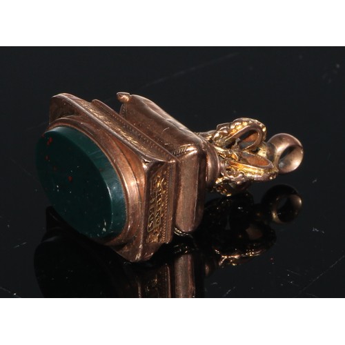 220 - A Victorian 9ct gold bloodstone swivel fob, engraved and chased with foliate scrolls; a 19thC Rococo... 