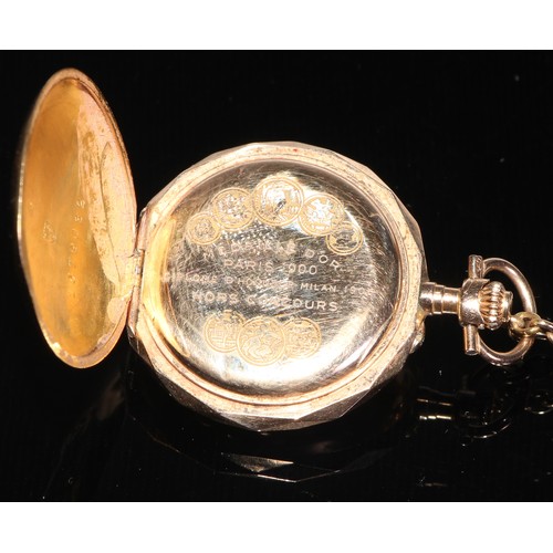 105 - A 14ct gold and diamond hunter miniature fob watch, the enamel dial inscribed 'Schild Frères & Co', ... 