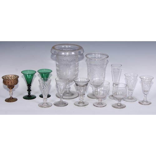 815 - A 19th century etched glass campana vase, 24cm high, c.1880; George III ale glasses; a pair of emera... 