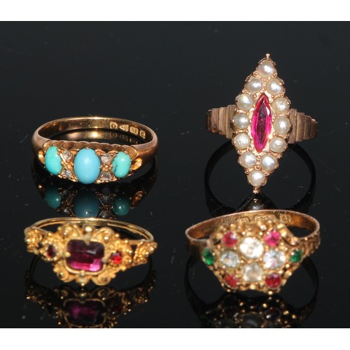 117 - A 19th century 15ct gold cluster set with 10 multi-coloured facet cut stones; an 18ct gold ring set ... 