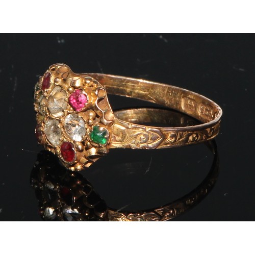 117 - A 19th century 15ct gold cluster set with 10 multi-coloured facet cut stones; an 18ct gold ring set ... 