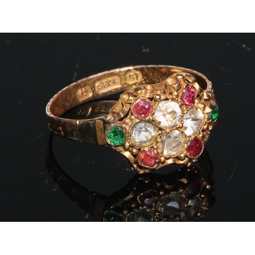 117 - A 19th century 15ct gold cluster set with 10 multi-coloured facet cut stones; an 18ct gold ring set ... 