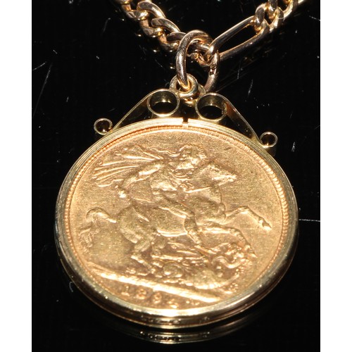 224 - A Victorian gold sovereign, 1894, with 9ct gold pendant mount and chain, 12g