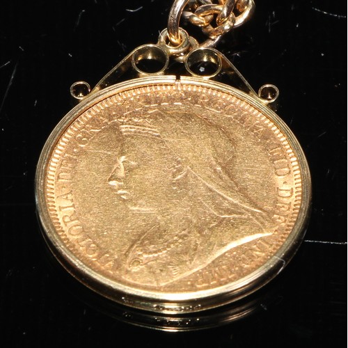 224 - A Victorian gold sovereign, 1894, with 9ct gold pendant mount and chain, 12g