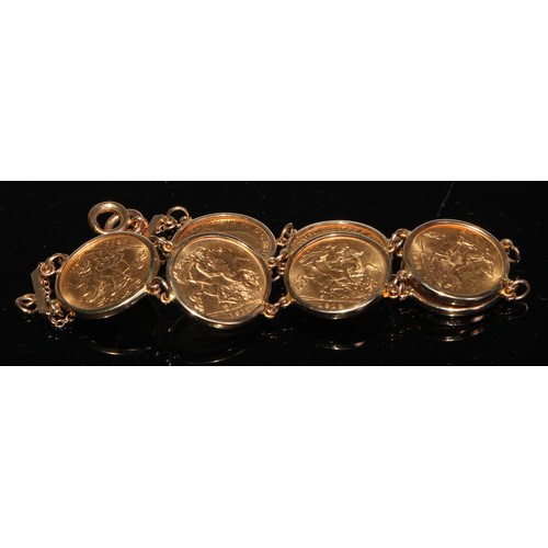 214 - A seven coin half sovereign bracelet, 9ct gold mounted, 1909, 1910, 1915, 1914, 1913, 1912 and 1911,... 