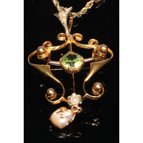 254 - An Art Nouveau peridot, baroque pearl and 9ct gold pendant brooch; a pair of peridot and seed pearl ... 